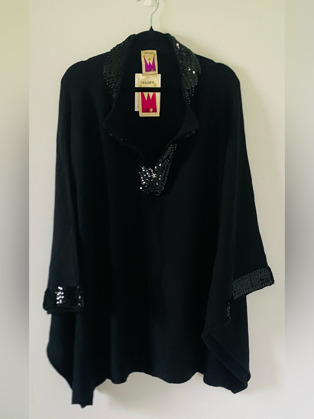 NWT Original Anthony Sequin Trim Black Poncho